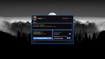 Dark dashboard UEFI tab with permanent spoof switch, GPU and ethernet toggles, and a seed input above mountain wallpaper art.